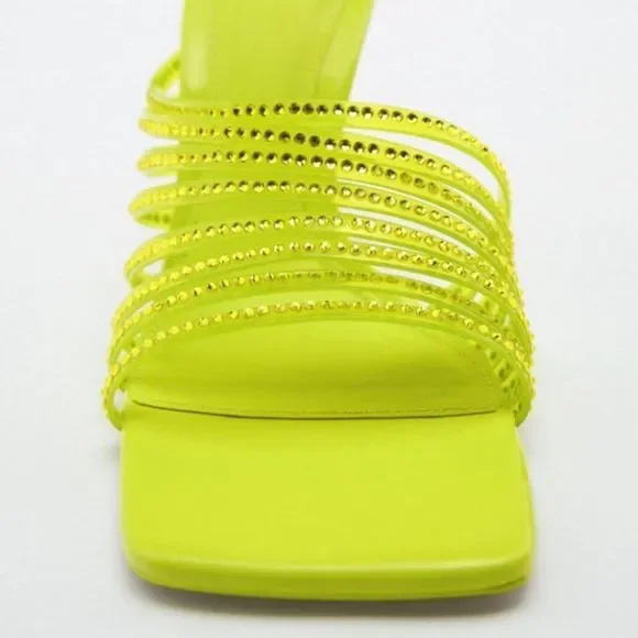 Zara Vinyl Lime Green Rhinestone Squared Toe High Heels Sandals Shoes - Picture 5 of 14
